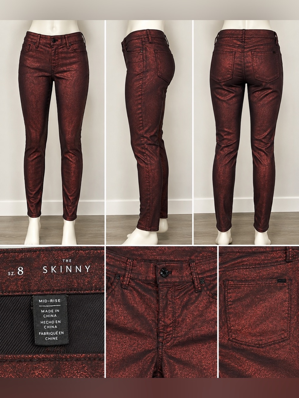 White House Black Market The Skinny Metallic Burgundy Jeans Size 8